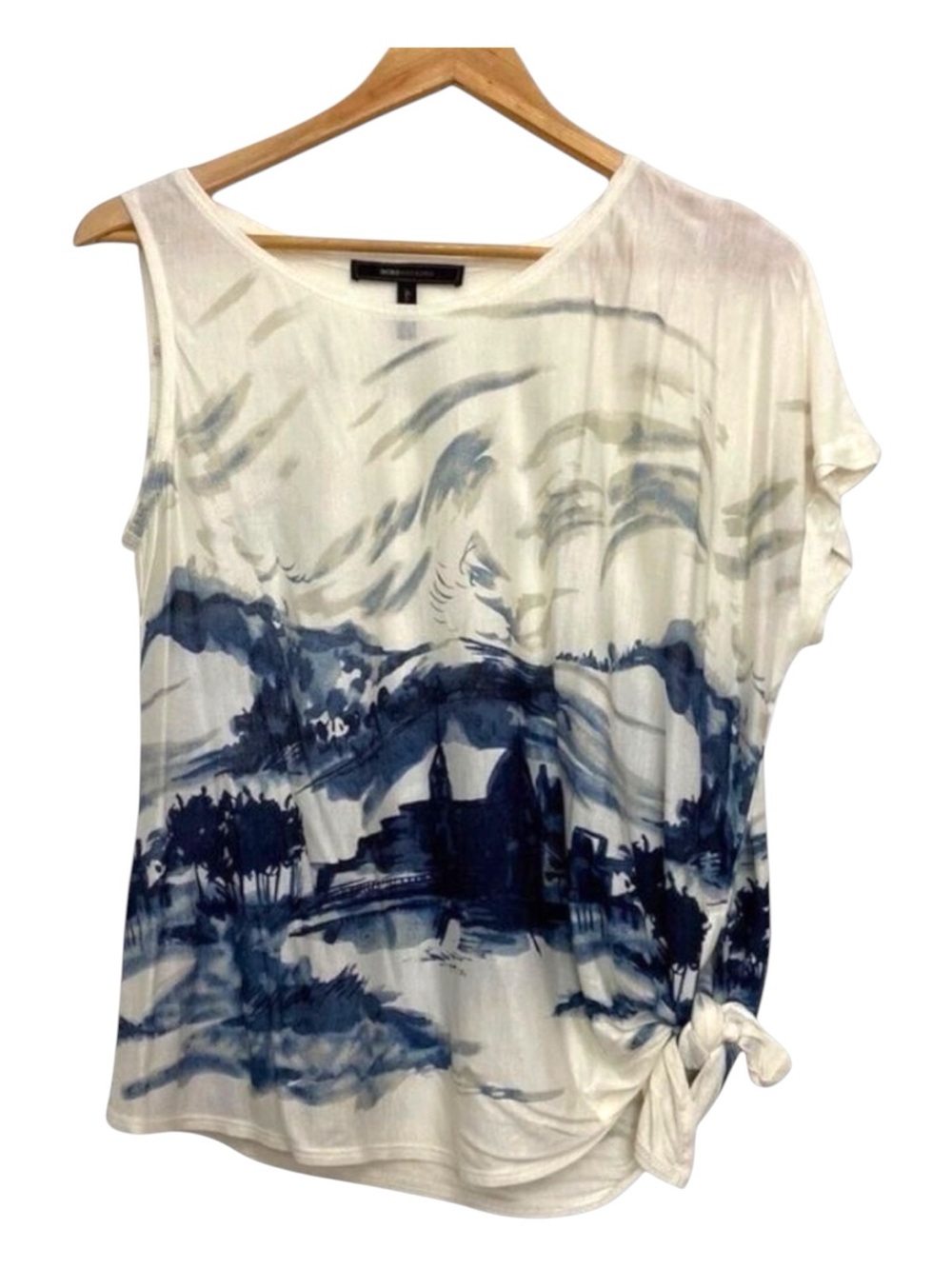 BCBGMAXAZRIA Kali asymetrical top ecru navy blue cream combo tank tee small